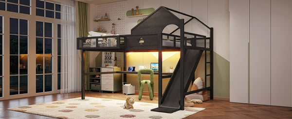 English Elm Queen Metal Loft Bed with Slide Desk Shelves USB Ports LED Lights House Frame W5316S00099
