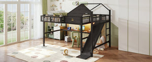 English Elm Queen Metal Loft Bed with Slide Desk Shelves USB Ports LED Lights House Frame W5316S00099