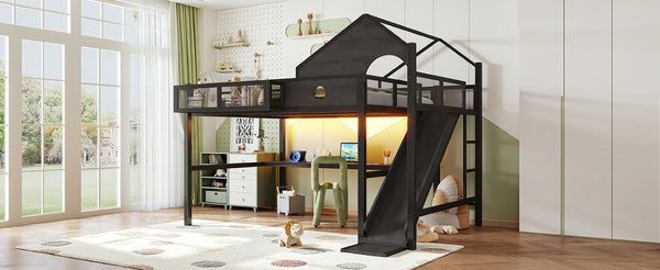English Elm Queen Metal Loft Bed with Slide Desk Shelves USB Ports LED Lights House Frame W5316S00099
