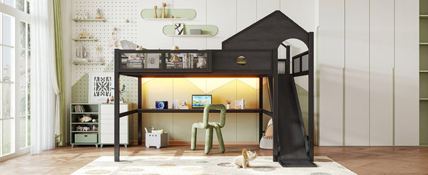 English Elm Queen Metal Loft Bed with Slide Desk Shelves USB Ports LED Lights House Frame W5316S00099