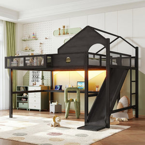 English Elm Queen Metal Loft Bed with Slide Desk Shelves USB Ports LED Lights House Frame W5316S00099