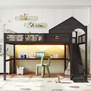 English Elm Queen Metal Loft Bed with Slide Desk Shelves USB Ports LED Lights House Frame W5316S00099