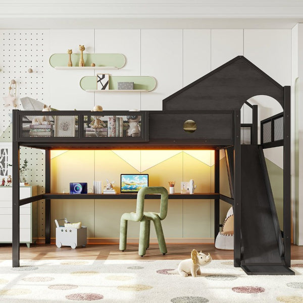 English Elm Queen Metal Loft Bed with Slide Desk Shelves USB Ports LED Lights House Frame W5316S00099