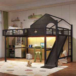 English Elm Queen Metal Loft Bed with Slide Desk Shelves USB Ports LED Lights House Frame W5316S00099