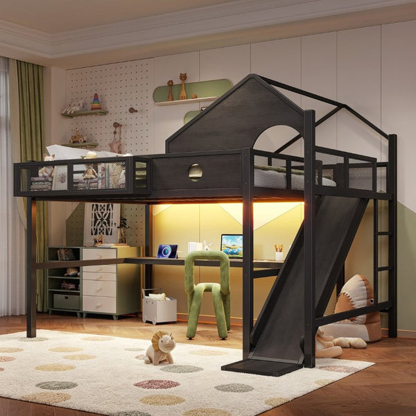 English Elm Queen Metal Loft Bed with Slide Desk Shelves USB Ports LED Lights House Frame W5316S00099