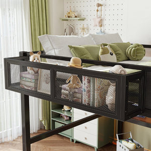 English Elm Queen Metal Loft Bed with Slide Desk Shelves USB Ports LED Lights House Frame W5316S00099