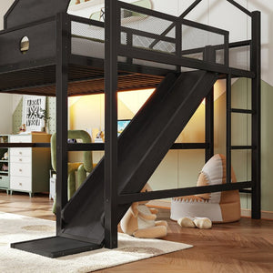 English Elm Queen Metal Loft Bed with Slide Desk Shelves USB Ports LED Lights House Frame W5316S00099