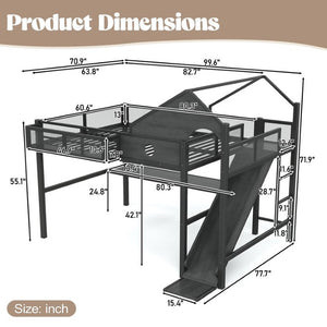 English Elm Queen Metal Loft Bed with Slide Desk Shelves USB Ports LED Lights House Frame W5316S00099