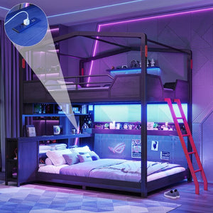 English Elm Full Over Metal Bunk Bed with LED Lighting USB Ports House Frame Gaming Kids Room W5316S00103