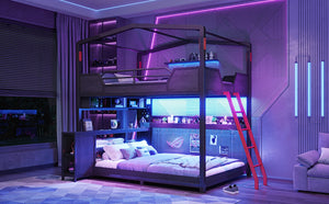 English Elm Full Over Metal Bunk Bed with LED Lighting USB Ports House Frame Gaming Kids Room W5316S00103