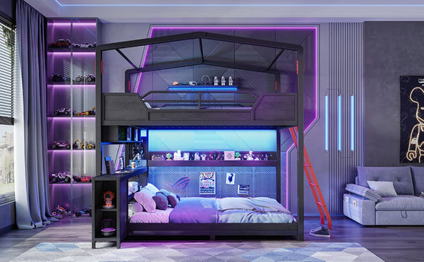 English Elm Full Over Metal Bunk Bed with LED Lighting USB Ports House Frame Gaming Kids Room W5316S00103
