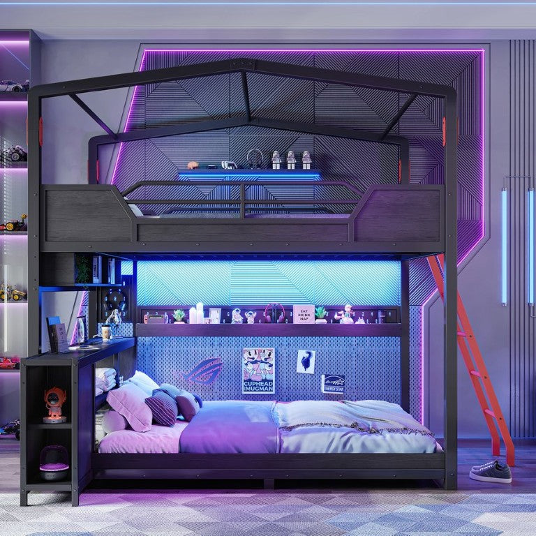 English Elm Full Over Metal Bunk Bed with LED Lighting USB Ports House Frame Gaming Kids Room W5316S00103