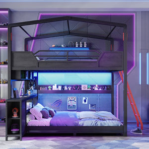 English Elm Full Over Metal Bunk Bed with LED Lighting USB Ports House Frame Gaming Kids Room W5316S00103