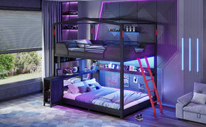 English Elm Full Over Metal Bunk Bed with LED Lighting USB Ports House Frame Gaming Kids Room W5316S00103