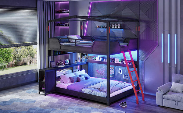 English Elm Full Over Metal Bunk Bed with LED Lighting USB Ports House Frame Gaming Kids Room W5316S00103