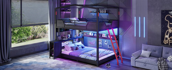 English Elm Full Over Metal Bunk Bed with LED Lighting USB Ports House Frame Gaming Kids Room W5316S00103