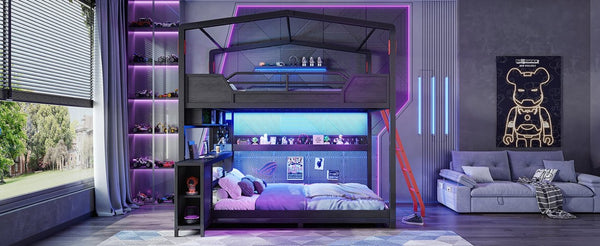 English Elm Full Over Metal Bunk Bed with LED Lighting USB Ports House Frame Gaming Kids Room W5316S00103
