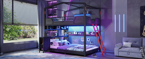 English Elm Full Over Metal Bunk Bed with LED Lighting USB Ports House Frame Gaming Kids Room W5316S00103