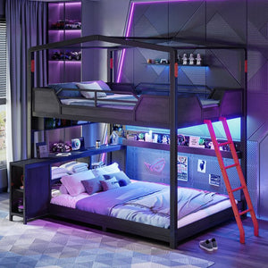 English Elm Full Over Metal Bunk Bed with LED Lighting USB Ports House Frame Gaming Kids Room W5316S00103