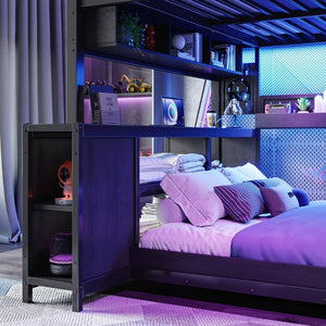 English Elm Full Over Metal Bunk Bed with LED Lighting USB Ports House Frame Gaming Kids Room W5316S00103