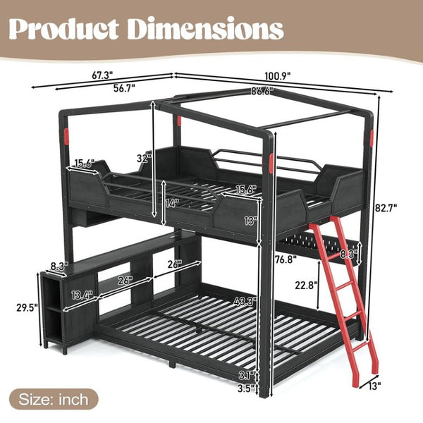 English Elm Full Over Metal Bunk Bed with LED Lighting USB Ports House Frame Gaming Kids Room W5316S00103