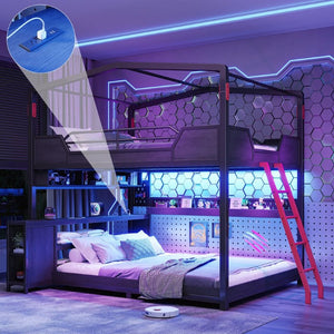 English Elm Full Size Gaming Loft Bed with Stair Storage Desk LED Lighting and USB Ports Black 106.1 L x 73.6 W x 82.7 H MDF+Metal W5316S00104