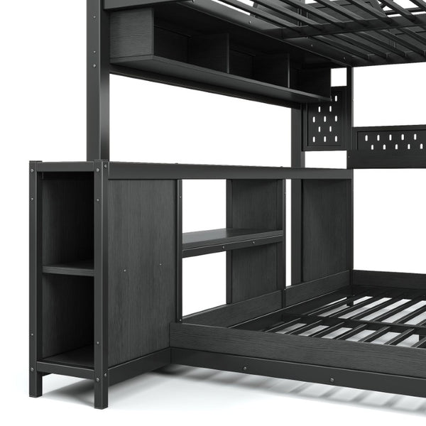 English Elm Full Size Gaming Loft Bed with Stair Storage Desk LED Lighting and USB Ports Black 106.1 L x 73.6 W x 82.7 H MDF+Metal W5316S00104