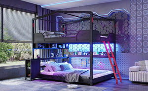English Elm Full Size Gaming Loft Bed with Stair Storage Desk LED Lighting and USB Ports Black 106.1 L x 73.6 W x 82.7 H MDF+Metal W5316S00104