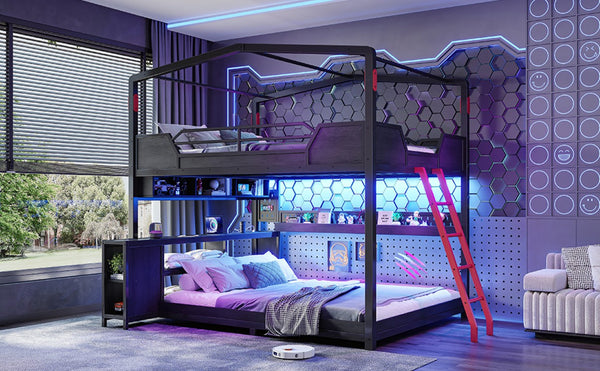 English Elm Full Size Gaming Loft Bed with Stair Storage Desk LED Lighting and USB Ports Black 106.1 L x 73.6 W x 82.7 H MDF+Metal W5316S00104