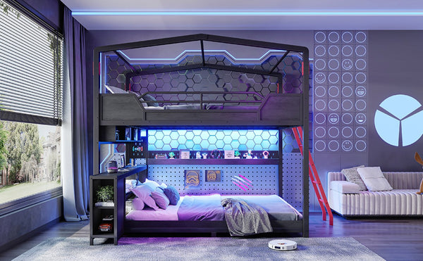 English Elm Full Size Gaming Loft Bed with Stair Storage Desk LED Lighting and USB Ports Black 106.1 L x 73.6 W x 82.7 H MDF+Metal W5316S00104