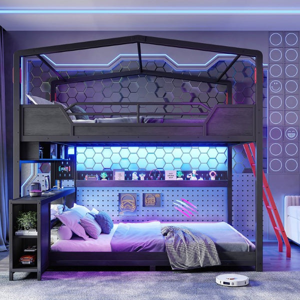 English Elm Full Size Gaming Loft Bed with Stair Storage Desk LED Lighting and USB Ports Black 106.1 L x 73.6 W x 82.7 H MDF+Metal W5316S00104