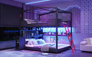 English Elm Full Size Gaming Loft Bed with Stair Storage Desk LED Lighting and USB Ports Black 106.1 L x 73.6 W x 82.7 H MDF+Metal W5316S00104