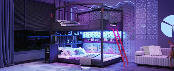 English Elm Full Size Gaming Loft Bed with Stair Storage Desk LED Lighting and USB Ports Black 106.1 L x 73.6 W x 82.7 H MDF+Metal W5316S00104