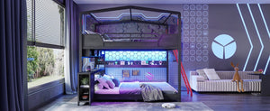 English Elm Full Size Gaming Loft Bed with Stair Storage Desk LED Lighting and USB Ports Black 106.1 L x 73.6 W x 82.7 H MDF+Metal W5316S00104