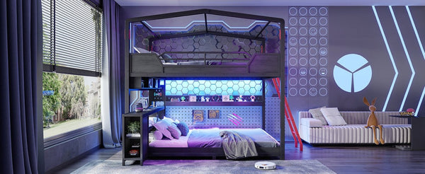 English Elm Full Size Gaming Loft Bed with Stair Storage Desk LED Lighting and USB Ports Black 106.1 L x 73.6 W x 82.7 H MDF+Metal W5316S00104