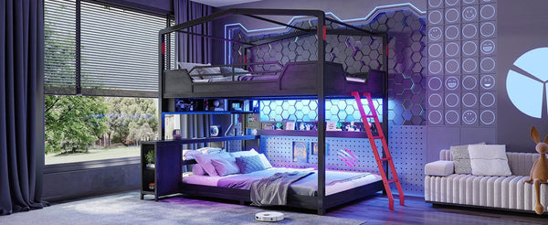 English Elm Full Size Gaming Loft Bed with Stair Storage Desk LED Lighting and USB Ports Black 106.1 L x 73.6 W x 82.7 H MDF+Metal W5316S00104