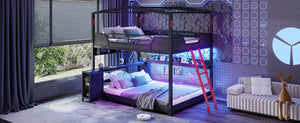 English Elm Full Size Gaming Loft Bed with Stair Storage Desk LED Lighting and USB Ports Black 106.1 L x 73.6 W x 82.7 H MDF+Metal W5316S00104