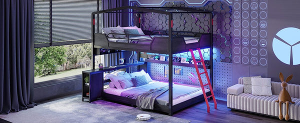 English Elm Full Size Gaming Loft Bed with Stair Storage Desk LED Lighting and USB Ports Black 106.1 L x 73.6 W x 82.7 H MDF+Metal W5316S00104