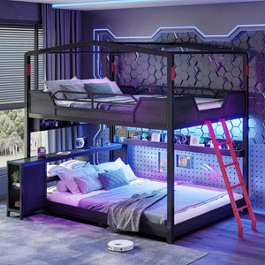 English Elm Full Size Gaming Loft Bed with Stair Storage Desk LED Lighting and USB Ports Black 106.1 L x 73.6 W x 82.7 H MDF+Metal W5316S00104