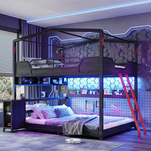 English Elm Full Size Gaming Loft Bed with Stair Storage Desk LED Lighting and USB Ports Black 106.1 L x 73.6 W x 82.7 H MDF+Metal W5316S00104