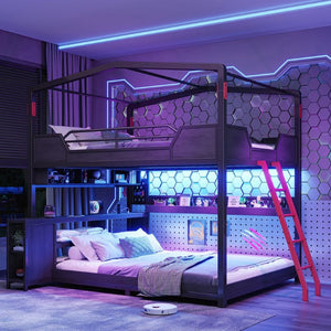 English Elm Full Size Gaming Loft Bed with Stair Storage Desk LED Lighting and USB Ports Black 106.1 L x 73.6 W x 82.7 H MDF+Metal W5316S00104