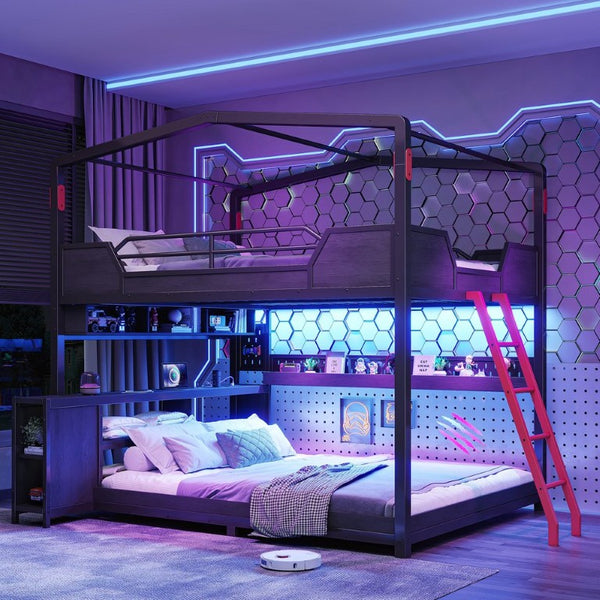 English Elm Full Size Gaming Loft Bed with Stair Storage Desk LED Lighting and USB Ports Black 106.1 L x 73.6 W x 82.7 H MDF+Metal W5316S00104