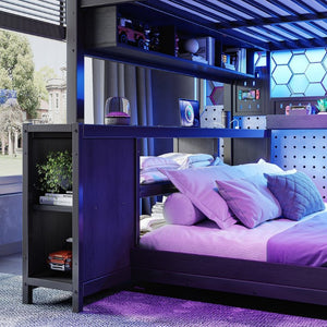 English Elm Full Size Gaming Loft Bed with Stair Storage Desk LED Lighting and USB Ports Black 106.1 L x 73.6 W x 82.7 H MDF+Metal W5316S00104