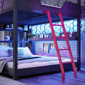 English Elm Full Size Gaming Loft Bed with Stair Storage Desk LED Lighting and USB Ports Black 106.1 L x 73.6 W x 82.7 H MDF+Metal W5316S00104
