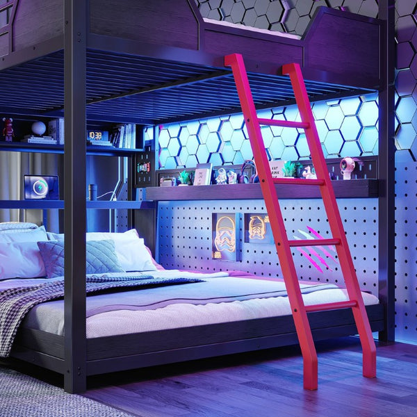 English Elm Full Size Gaming Loft Bed with Stair Storage Desk LED Lighting and USB Ports Black 106.1 L x 73.6 W x 82.7 H MDF+Metal W5316S00104