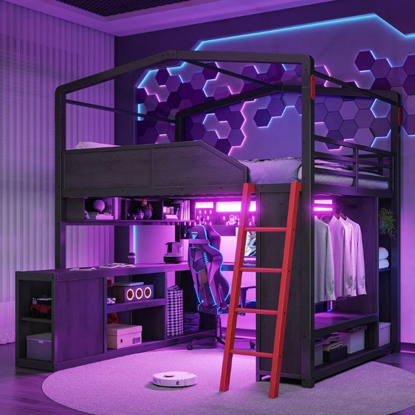 English Elm Full Size Gaming Loft Bed with LED Desk USB Charging Storage Stairs Headboard Shelves Full Black MDF+Metal W5316S00105