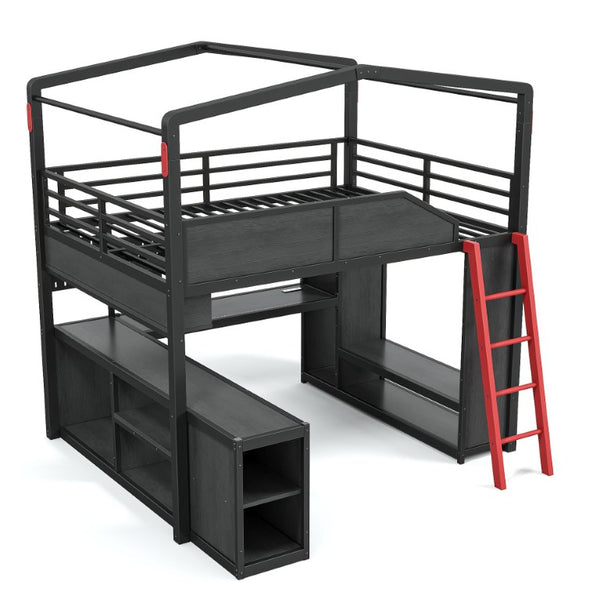 English Elm Full Size Gaming Loft Bed with LED Desk USB Charging Storage Stairs Headboard Shelves Full Black MDF+Metal W5316S00105