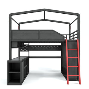 English Elm Full Size Gaming Loft Bed with LED Desk USB Charging Storage Stairs Headboard Shelves Full Black MDF+Metal W5316S00105