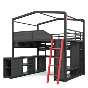 English Elm Full Size Gaming Loft Bed with LED Desk USB Charging Storage Stairs Headboard Shelves Full Black MDF+Metal W5316S00105