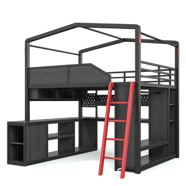 English Elm Full Size Gaming Loft Bed with LED Desk USB Charging Storage Stairs Headboard Shelves Full Black MDF+Metal W5316S00105